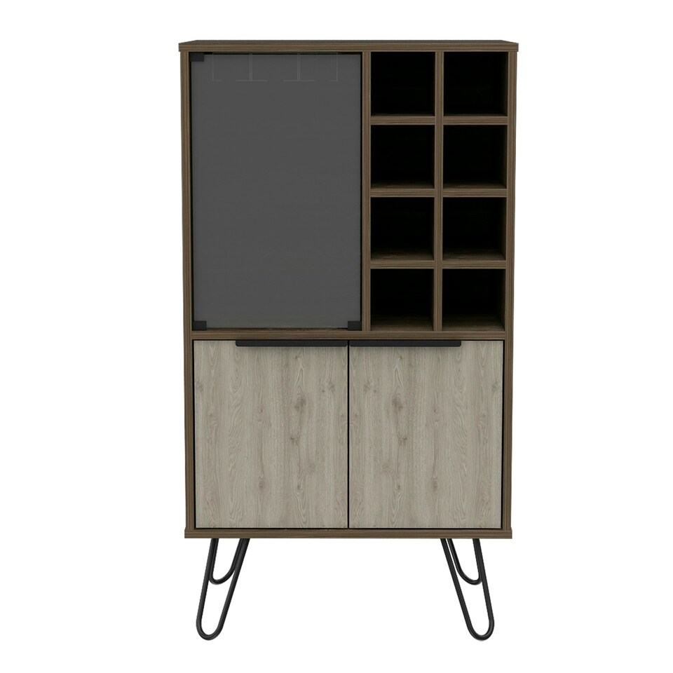 image 1 of Nevada Smoked Oak and Bleached Oak Effect Wine Cabinet - 2 Doors and 1 Glass Door with Hairpin Legs | Brown | Brown | 1