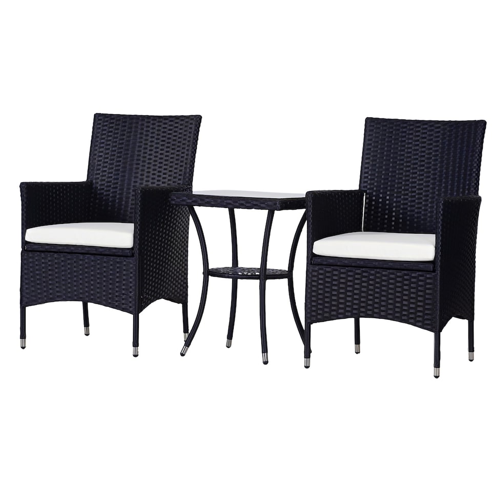 image 1 of Outsunny 3 Pieces Rattan Bistro Set, Wicker Garden Furniture Set with 2 Tier Coffee Table and Chairs, Cushions, for Outdoor Patio Balcony, Black