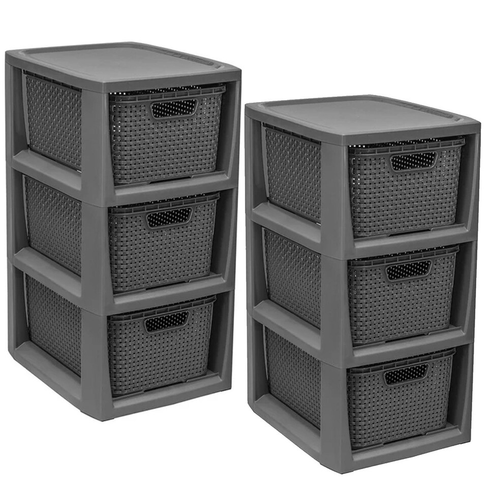 image 1 of 3 Drawer Large Spacious Rattan Effect Grey Home Office Modular Storage Tower Unit Grey