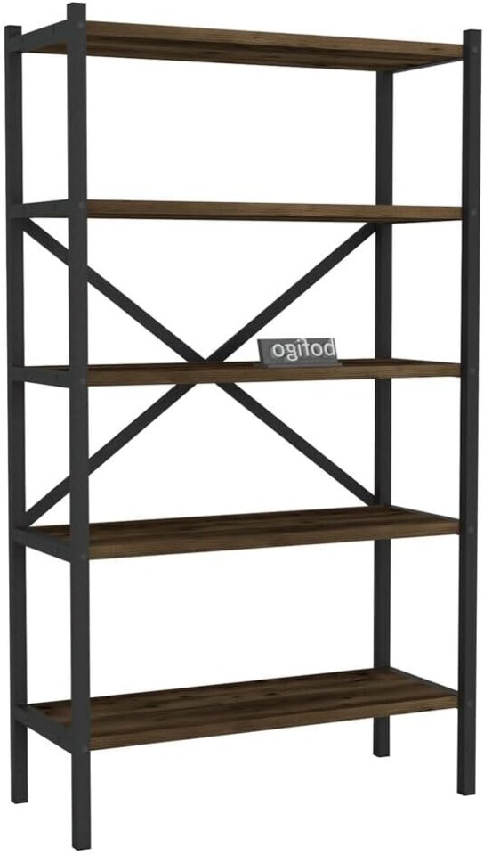 image 1 of 5-Shelf Wood Bookcase Unit With Metal Frame Home Decor Storage and Shelving | Multi | Burnt Oak | 1