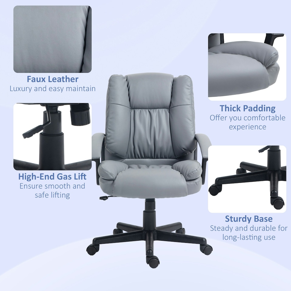 image 1 of HOMCOM Faux Leather Home Office Chair Mid Back Desk Chair with Arms Light Grey