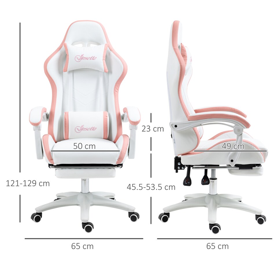 image 1 of Vinsetto Computer Gaming Chair, PU Leather Office Desk Chair with Footrest, Swivel Wheels, 135 Reclining Back, Lumbar Support, Headrest for Home, White and Pink