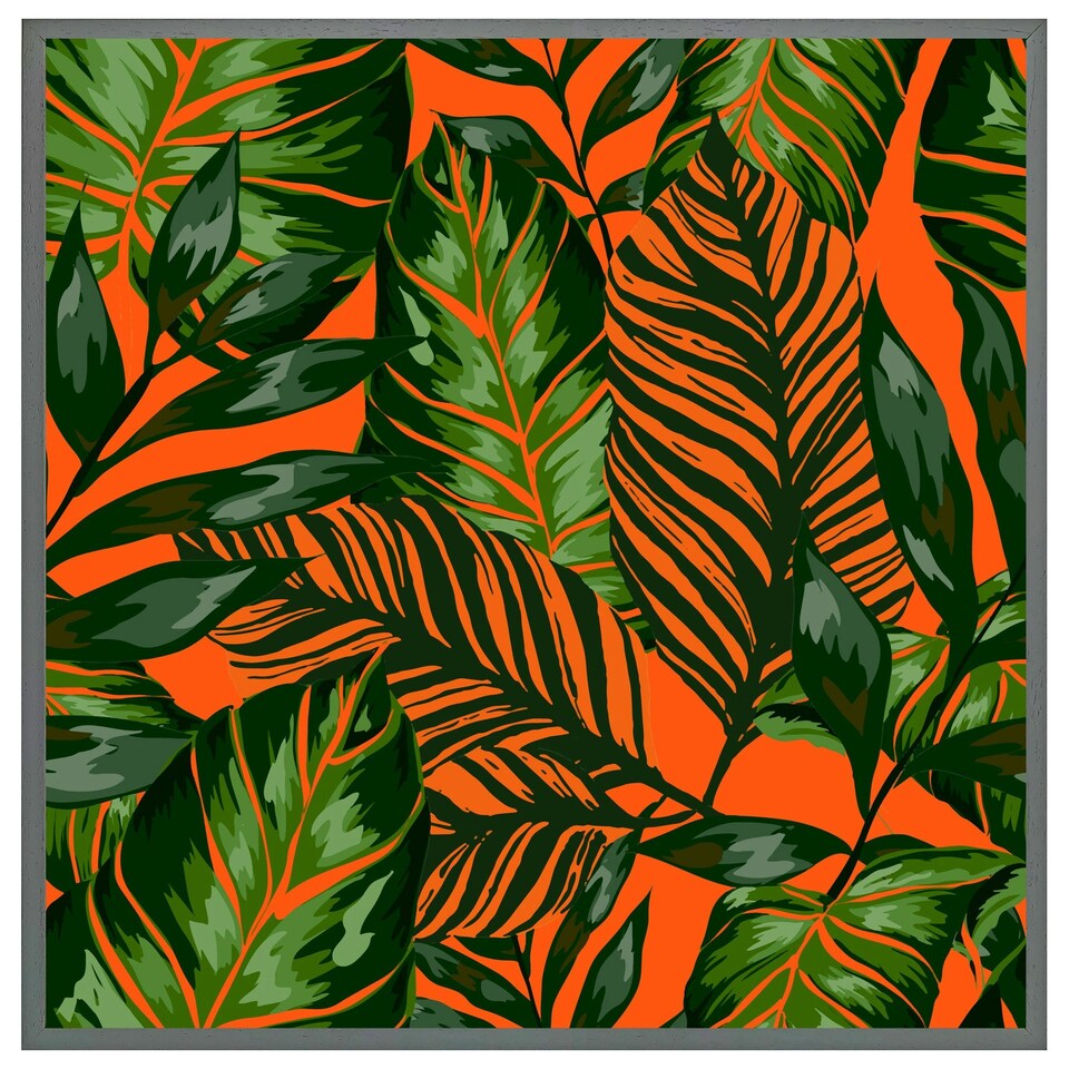 image 1 of Green tropical leaves on orange (Picutre Frame) White | XS