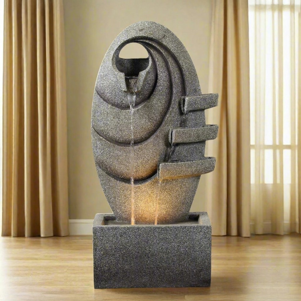 image 1 of Teamson Home Garden Outdoor Water Feature, Modern Oval Water Fountain, With Warm LED Lights, Grey