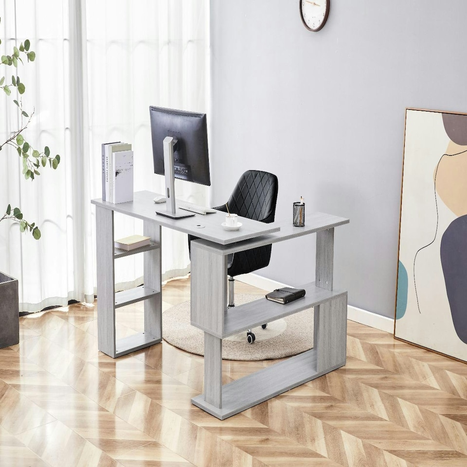 image 1 of Grey Office Desk with Black Velvet Upholstered Chair Wooden Room Furniture Grey