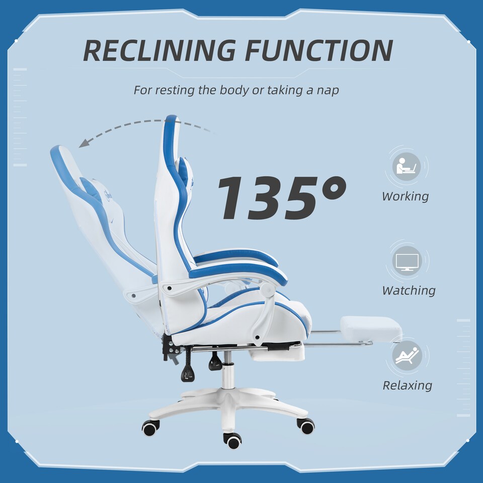 image 1 of Vinsetto Racing Style Gaming Chair with Reclining Function Footrest, Blue