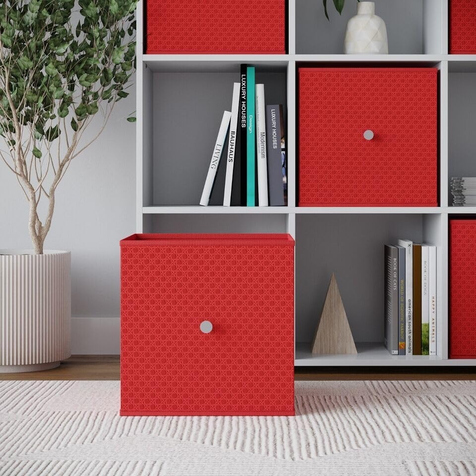 image 1 of Foldable Woven Fabric Storage Cube Box Drawer Insert Organiser Basket with Handle | Red | Red | Pack of 4 | 4