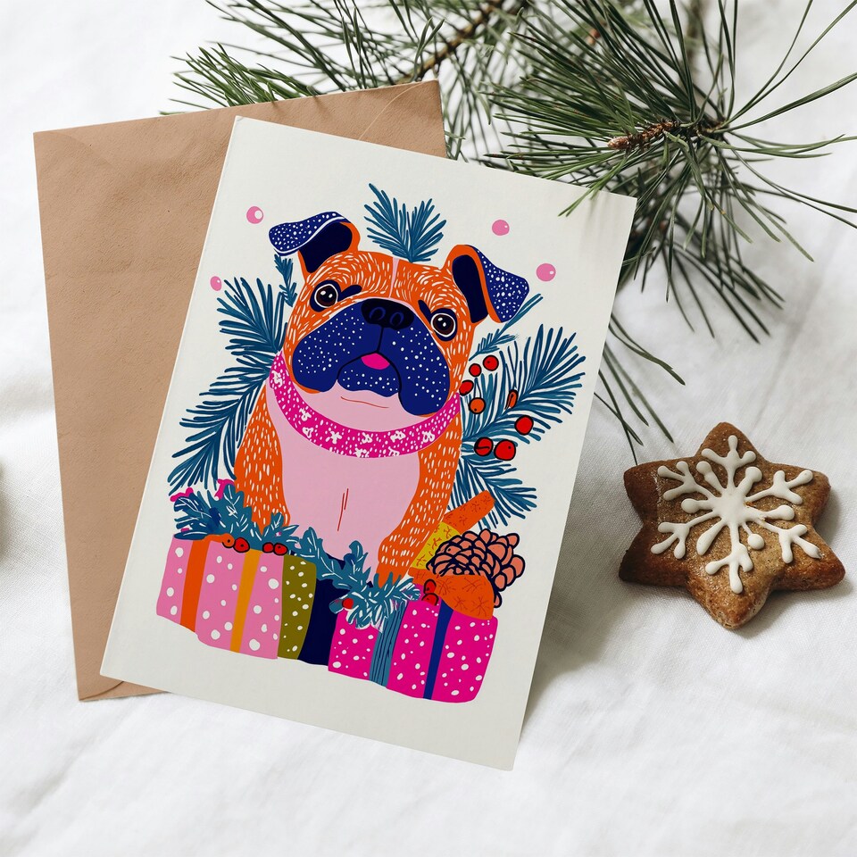 image 1 of Greeting Card Dog Lover Cute Pug Presents Vibrant Modern For Her Woman Xmas Christmas Card