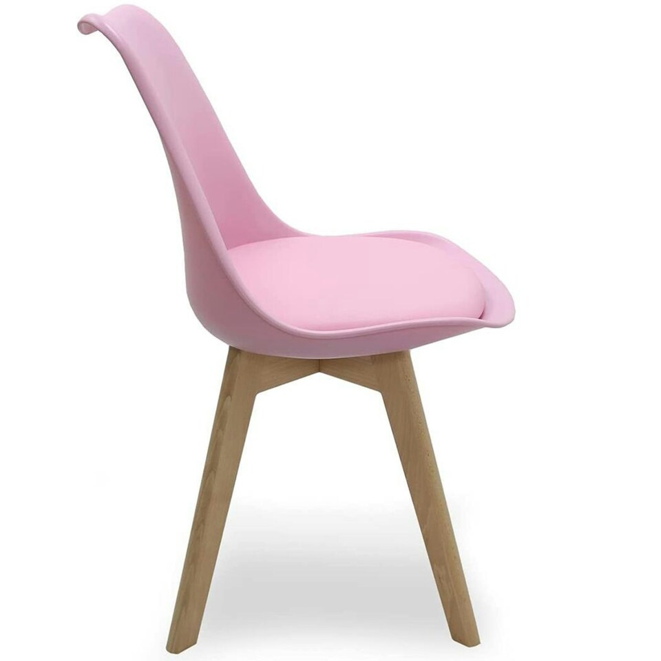 image 1 of Set of 6 Scandinavian Dining Chairs with Leather Cushions Solid Wood Legs Pink