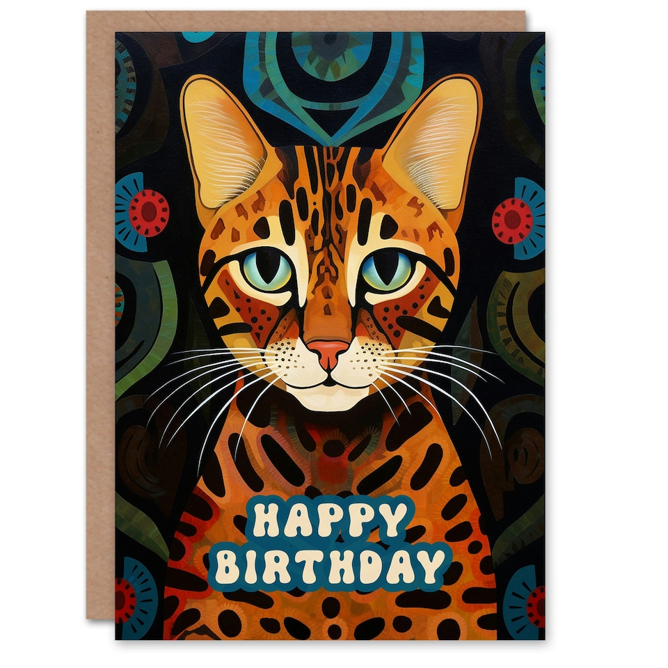 image 1 of Cat Lover Bengal Cat With Abstract Floral Pattern Greeting Card
