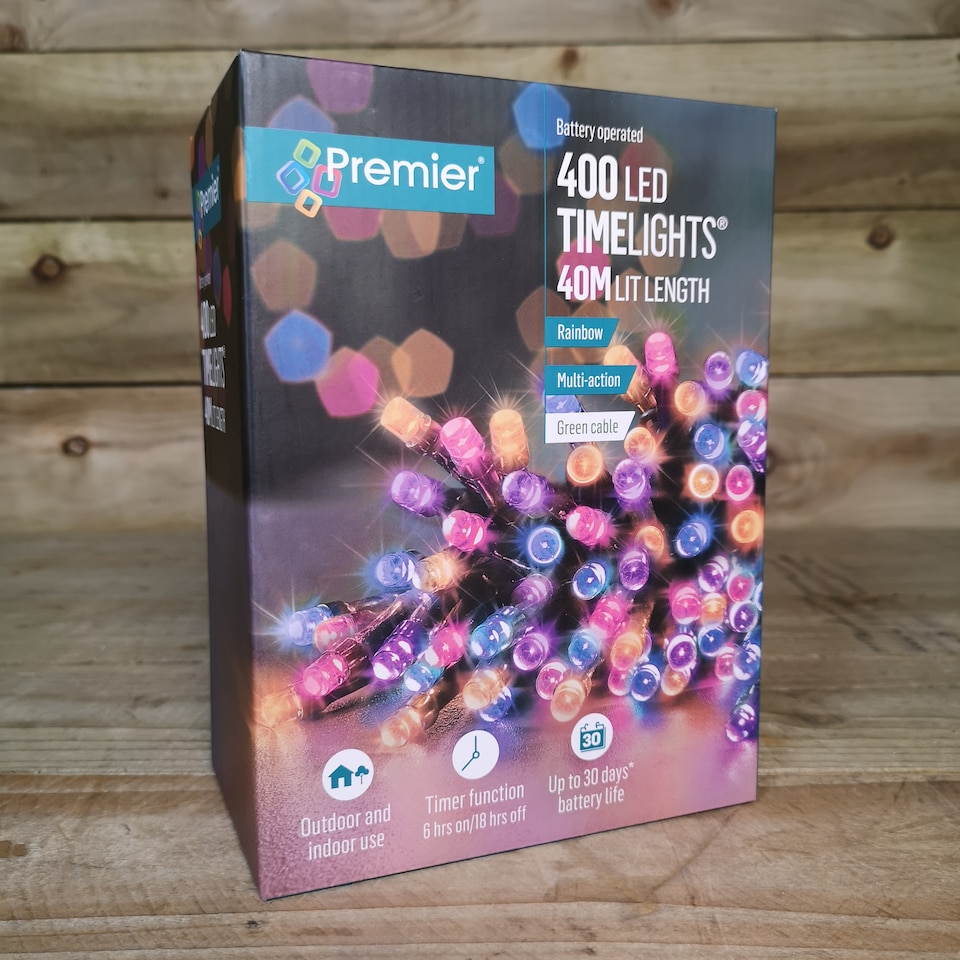 image 1 of 400 LED 40m Premier Christmas Indoor Outdoor Multi Function Battery Operated String Lights with Timer in Rainbow