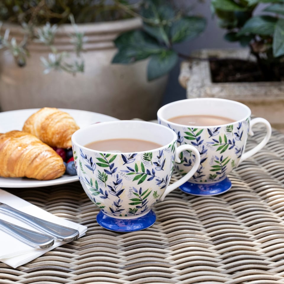 image 1 of KitchenCraft China Leafy Lemon 400ml Footed Mug | Blue | 1