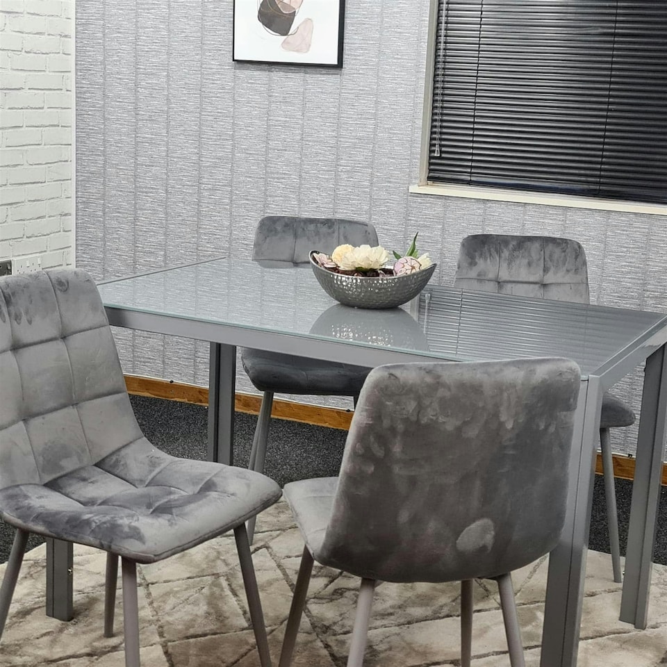 image 1 of Dining Table and 4 Grey Velvet  Chairs Grey  Glass Table 4 Velvet Chairs  Dining Room Furniture | Grey | 5