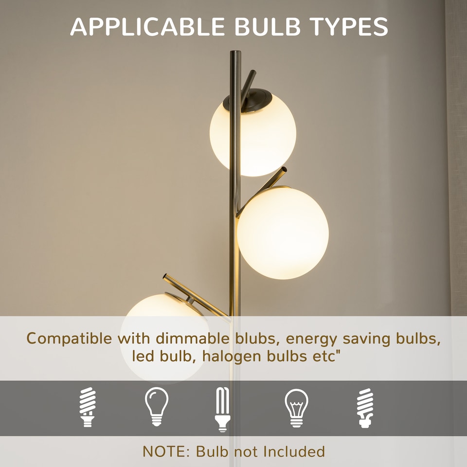 image 1 of HOMCOM 3Light Tree Floor Lamps for Living Room, Modern Standing Lamp for Bedroom with Globe Lampshade, Steel Base, Bulb not Included, Silver Tone