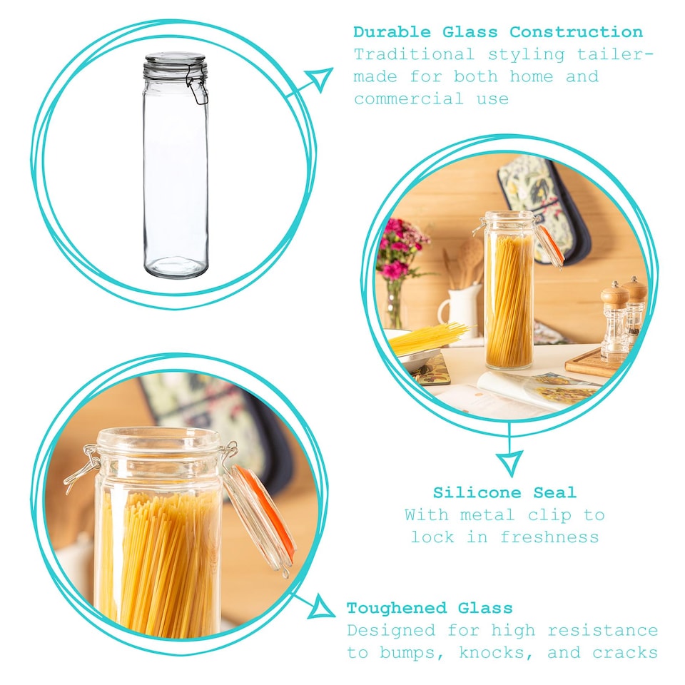 image 1 of Argon Tableware Glass Spaghetti Jar - 2 Litre - 4 Colour Seals Airtight Kitchen Storage Container Preserving Jar