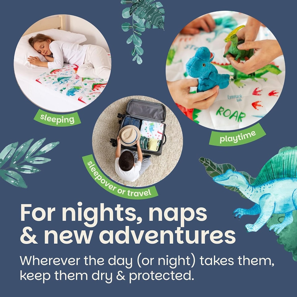 image 1 of Lynmark® Toddler Potty Training Bed Pads, Absorbs Up to 1200ml, 90x85cm (Tucks 85x45cm) Dinosaur | White | Dinosaur | Single | 1