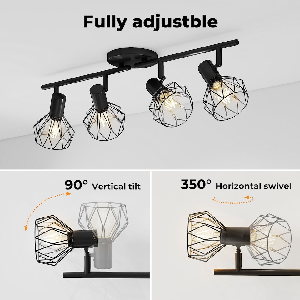 image 1 of EMITTO 4-Way Spotlight Ceiling Light Adjustable Vintage Black Metal E14 Fixture