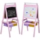 image 1 of HOMCOM Kids Wooden Art Easel with Paper Roll Double-Sided Chalkboard, Whiteboard | Pink | Pink
