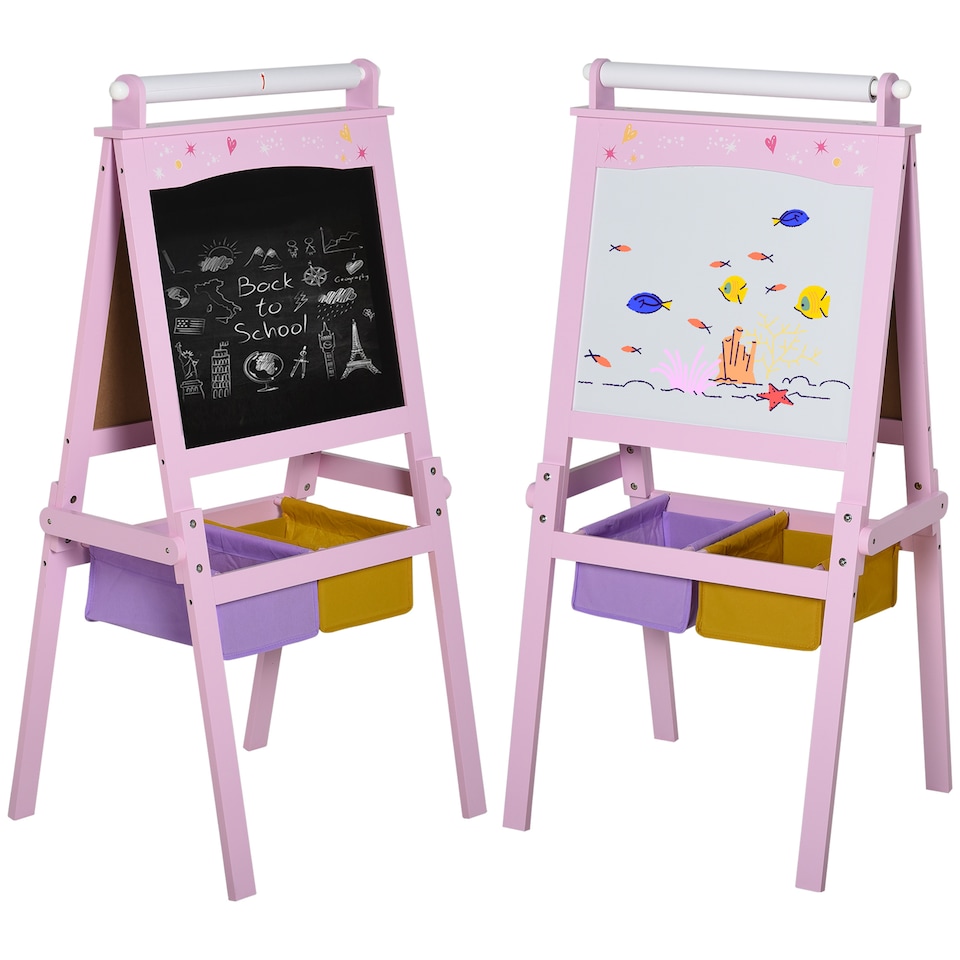 image 1 of HOMCOM Kids Wooden Art Easel with Paper Roll Double-Sided Chalkboard, Whiteboard | Pink | Pink