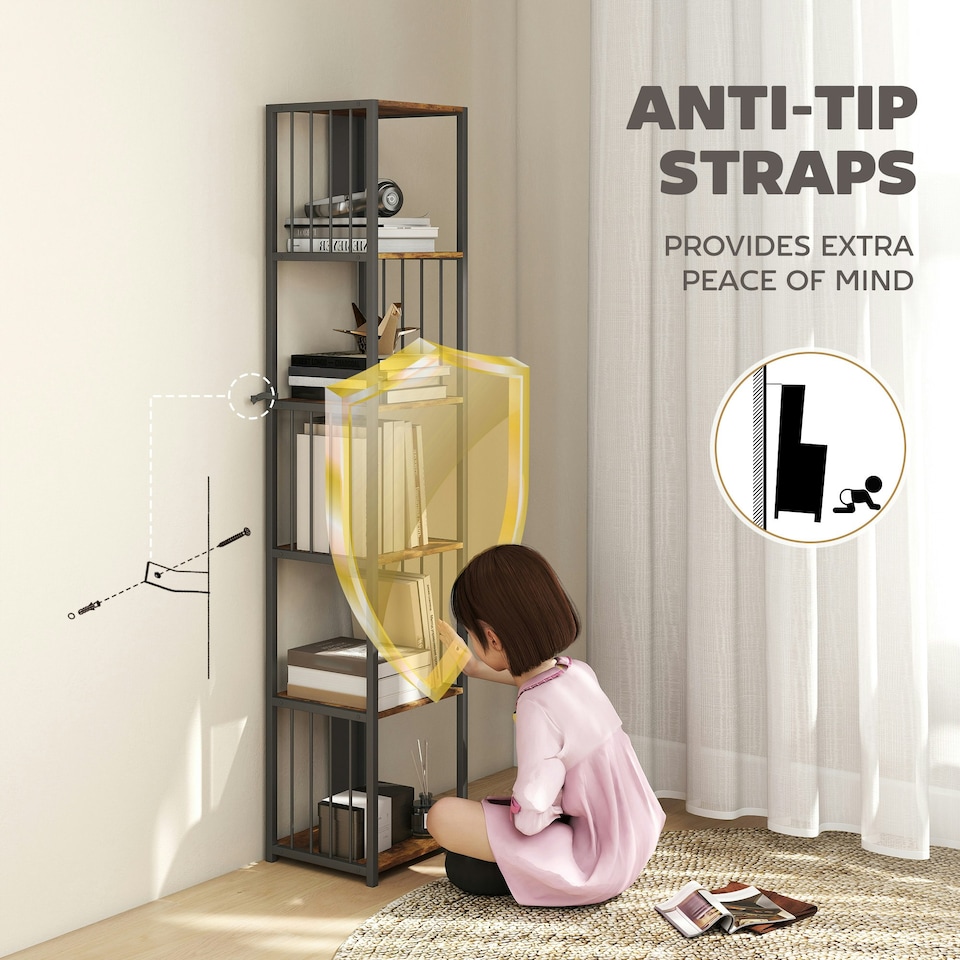 image 1 of HOMCOM 5-Tier Bookshelf, Freestanding Display Storage Unit, Rustic Brown