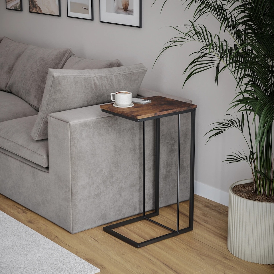 image 1 of C Shaped Side End Table Coffee Snack Living Room Bedside Under Sofa Metal Frame | Multi | Rustic Brown | 1
