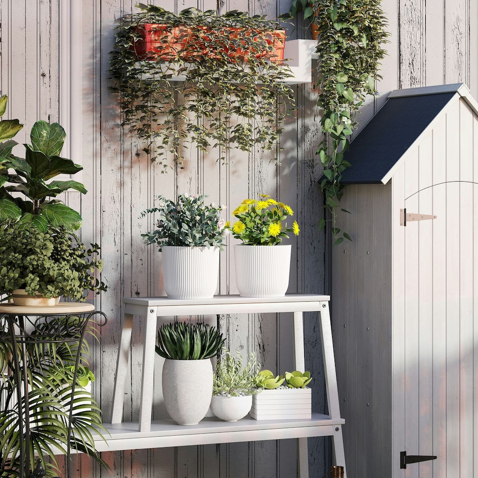 image 1 of Outsunny Set of 2 Round Plant Pots Outdoor 22cm for Garden, White White | White