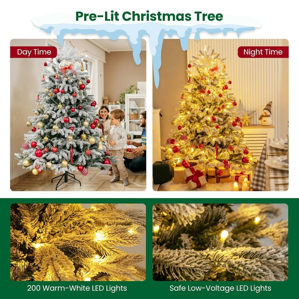 image 1 of COSTWAY 4.5FT Pre-Lit Artificial Christmas Snow-flocked Xmas Tree Green | One Size