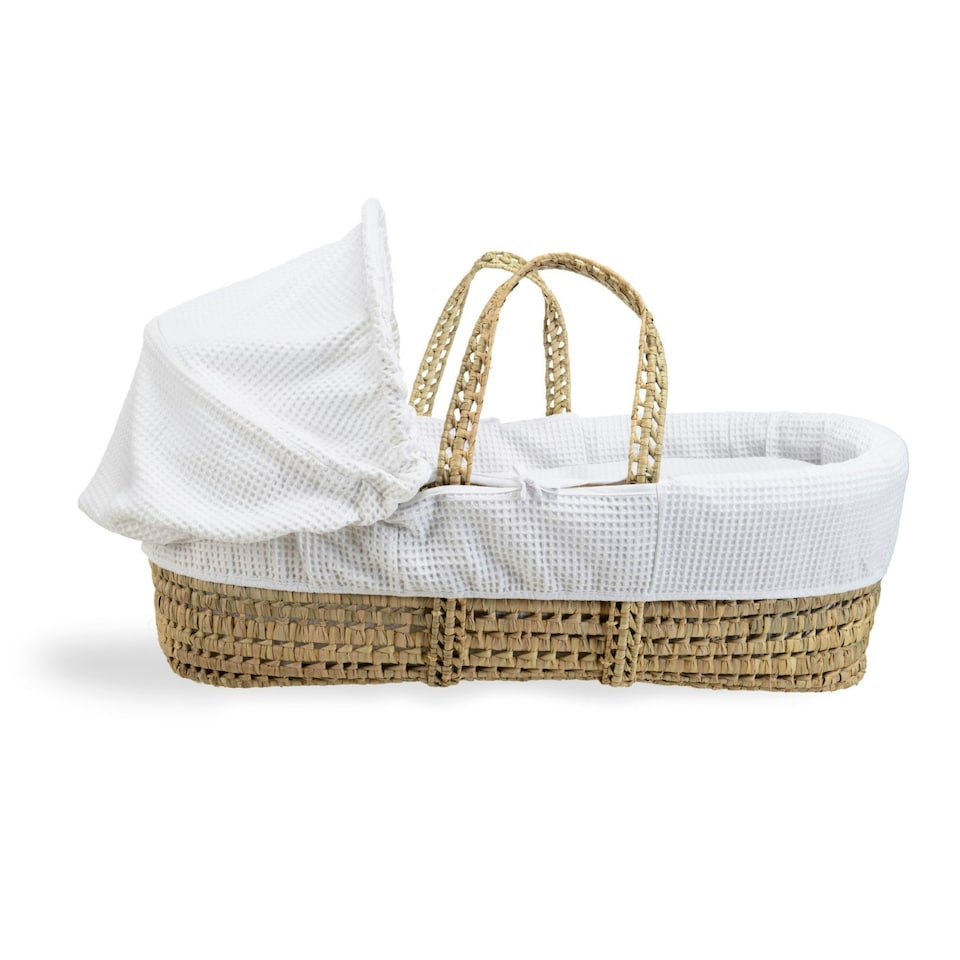 image 1 of Clair de Lune Waffle Palm Moses Basket With Folding Stand - White