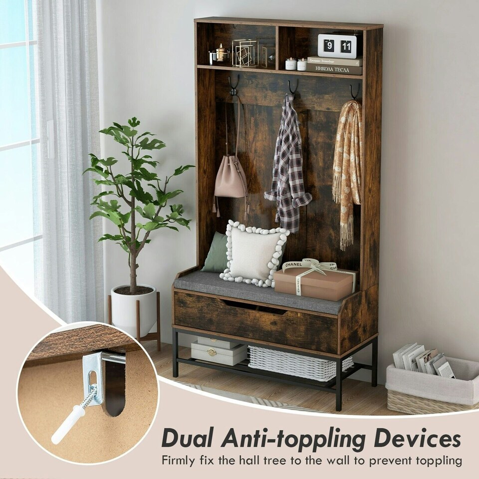 image 1 of COSTWAY 170cm Tall Hall Tree 4-in-1 Coat Rack Entryway Brown Brown | One Size
