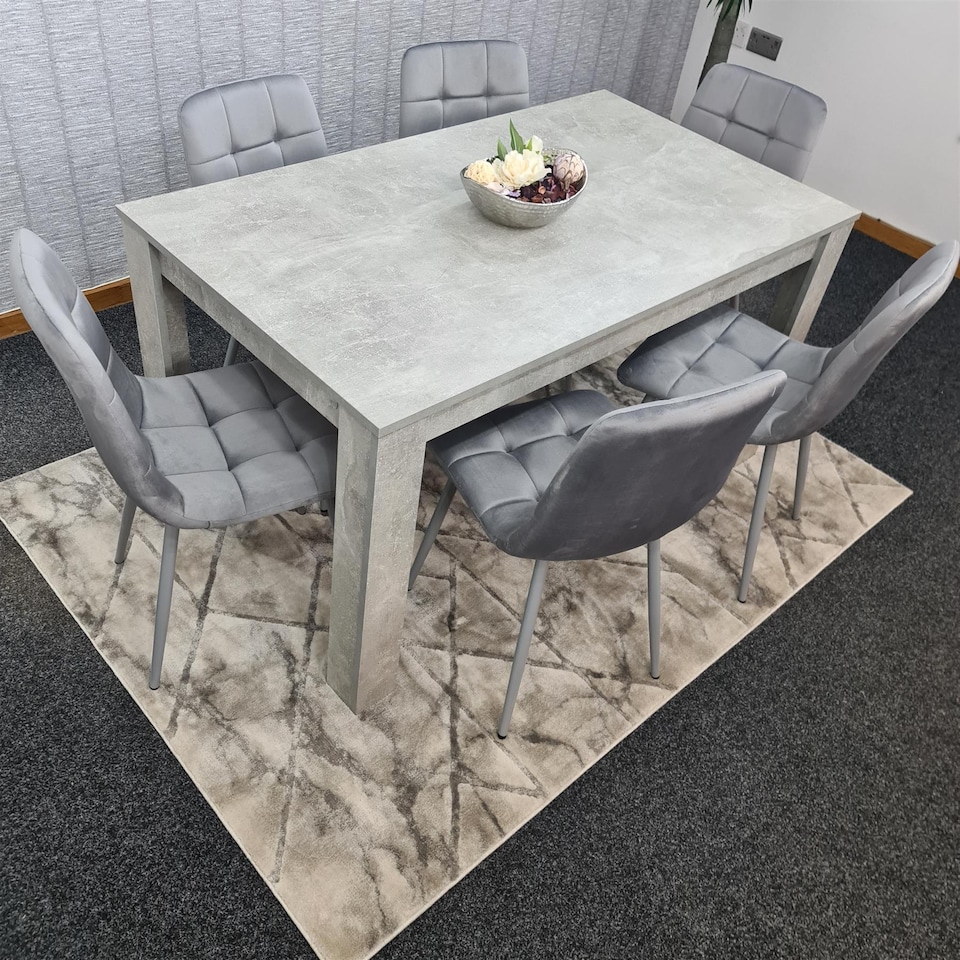 image 1 of Modern Stone Grey Effect Dining Table Set With 6 Velvet Chairs Dining Room Furniture Set | Grey | One Size | 7