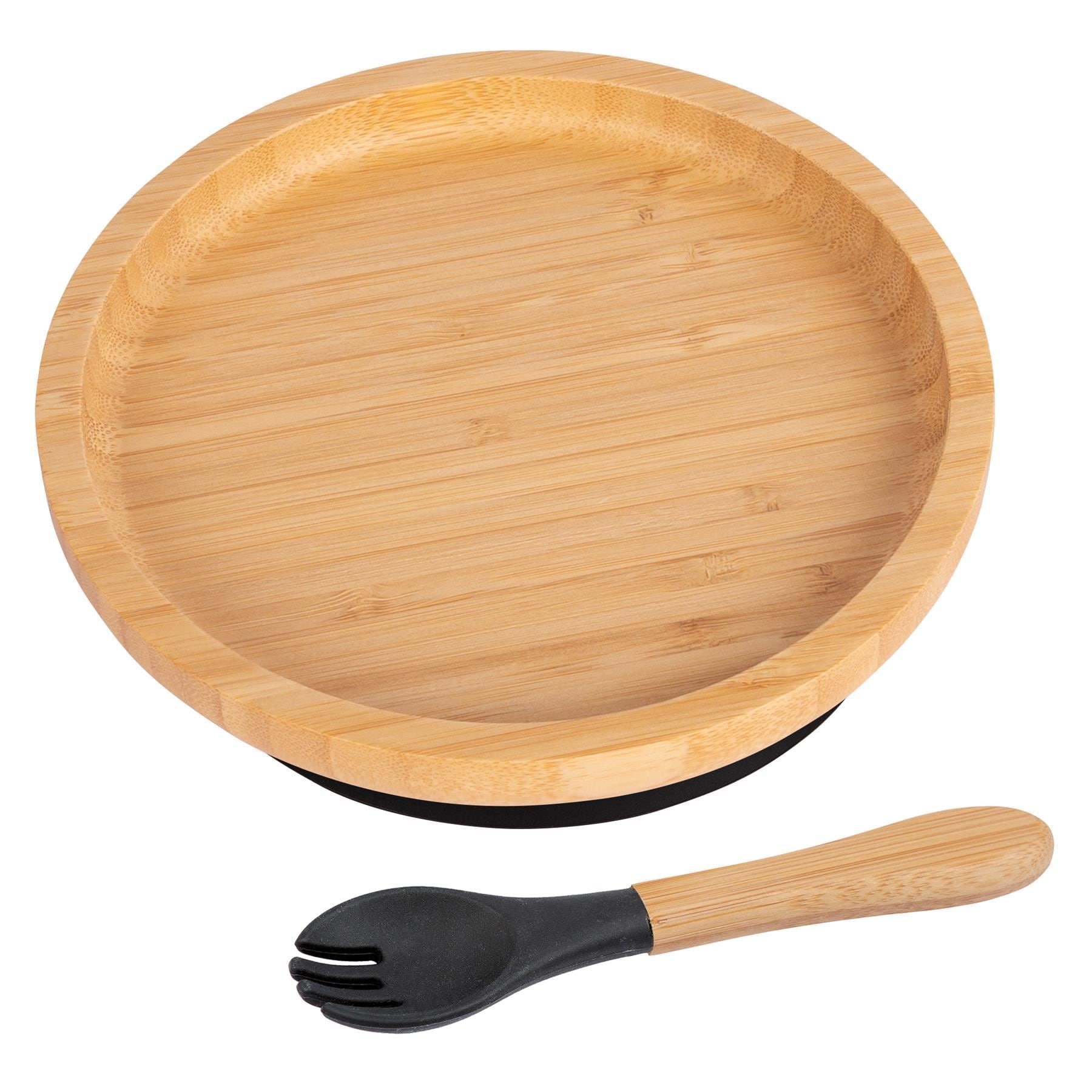 Tiny Dining Bamboo Round Baby Weaning Plate & Fork Set in Black