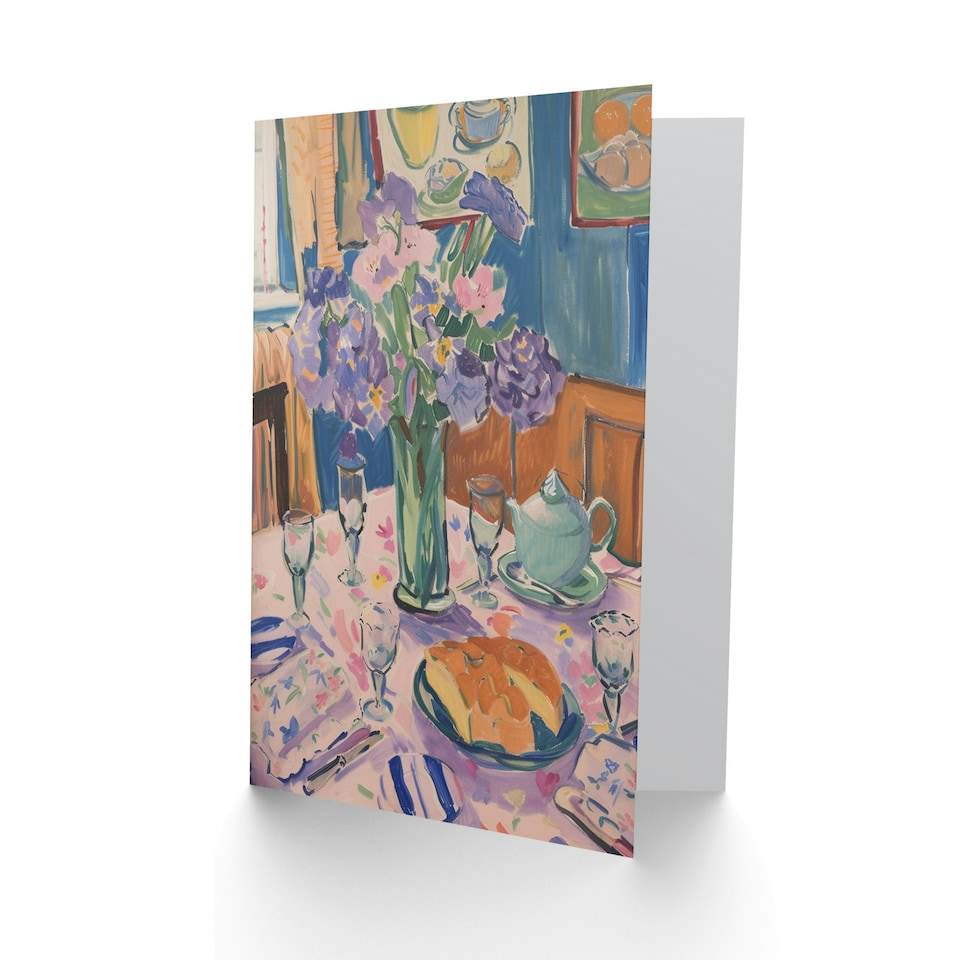 image 1 of Lunch Table Purple Flower Bouquet Classic Her Birthday Card