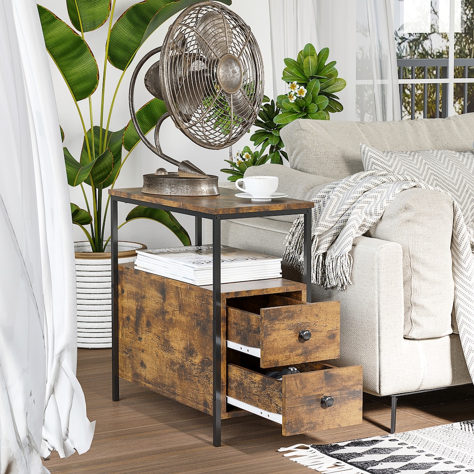 image 1 of HOMCOM Side Table, Narrow Bedside Table with 2 Drawers and Storage Shelf, Industrial End Table with Metal Frame for Small Spaces, Rustic Brown | Brown