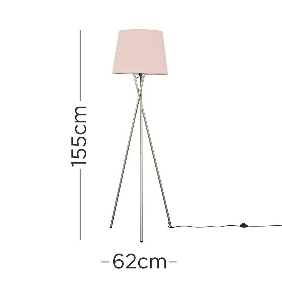 image 1 of ValueLights Camden Brushed Chrome Tripod Floor Lamp & Pink Taper Shade & Bulb | Pink