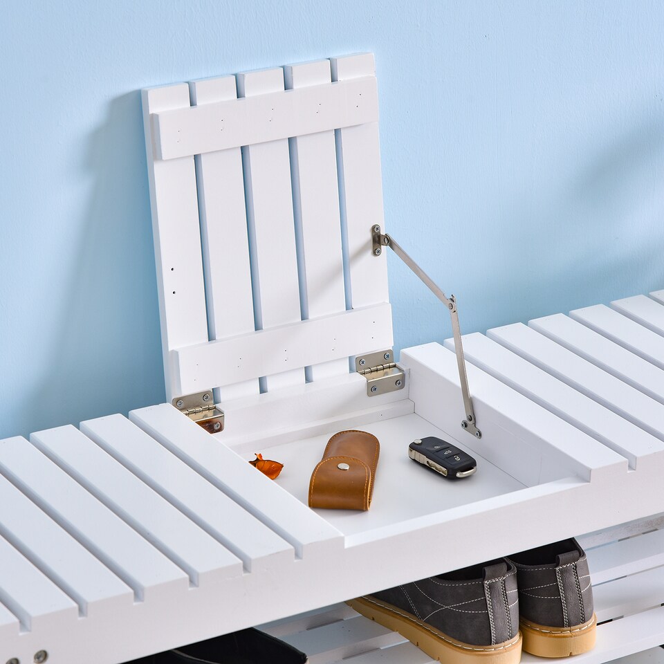 image 1 of HOMCOM Shoe Bench, 3-Tier Wooden Shoe Rack with Hidden Storage Compartment, Slatted Shelves, Home Storage Unit, Hallway Furniture, White, 90L x 29W x45H cm | White | White