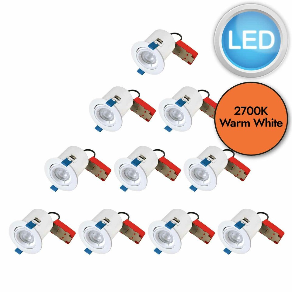 image 1 of First Choice Lighting Set of 10 White Fire Rated Tilt Recessed Ceiling Downlights with Warm White LED Bulbs White