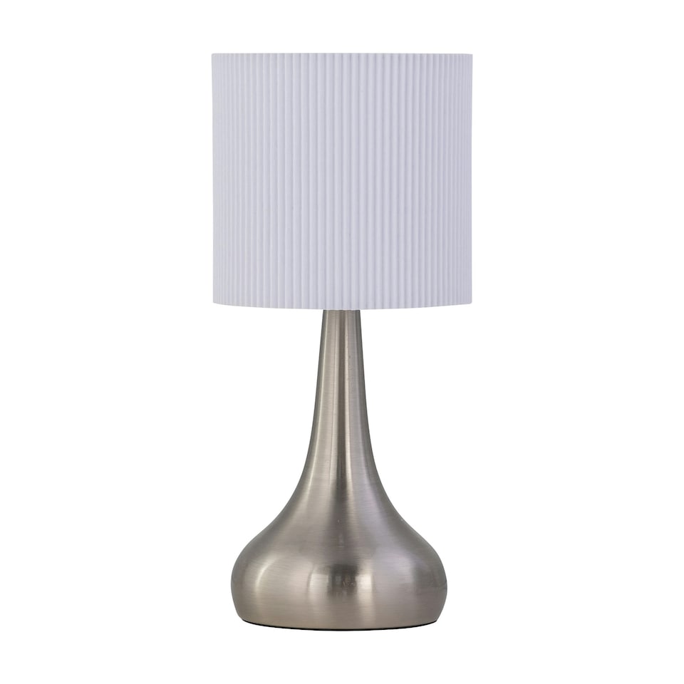 image 1 of Set of 2 Romana - Brushed Chrome Touch Operated Table Lamps Bedside Lights White Pleated Shade Silver | White