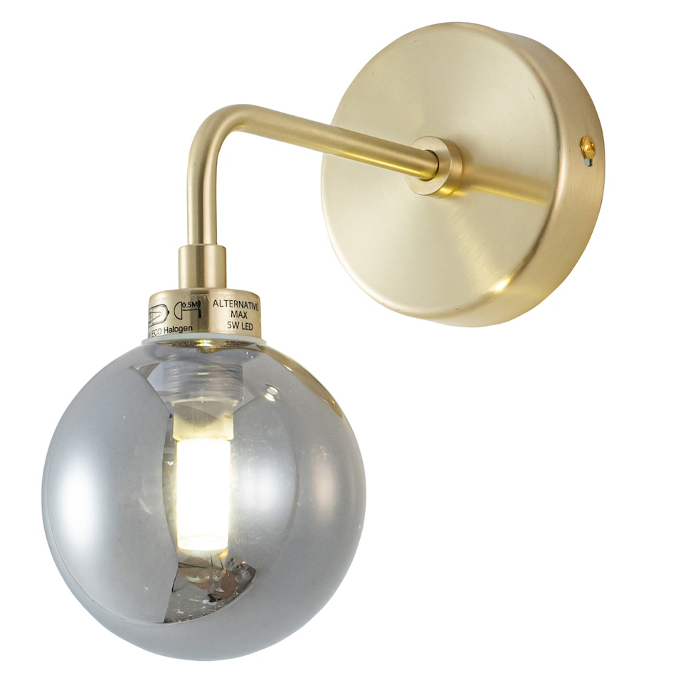 image 1 of Set of 2 Toner - Satin Brass with Smoked Glass Globe Wall Lights | Gold | Grey | 2