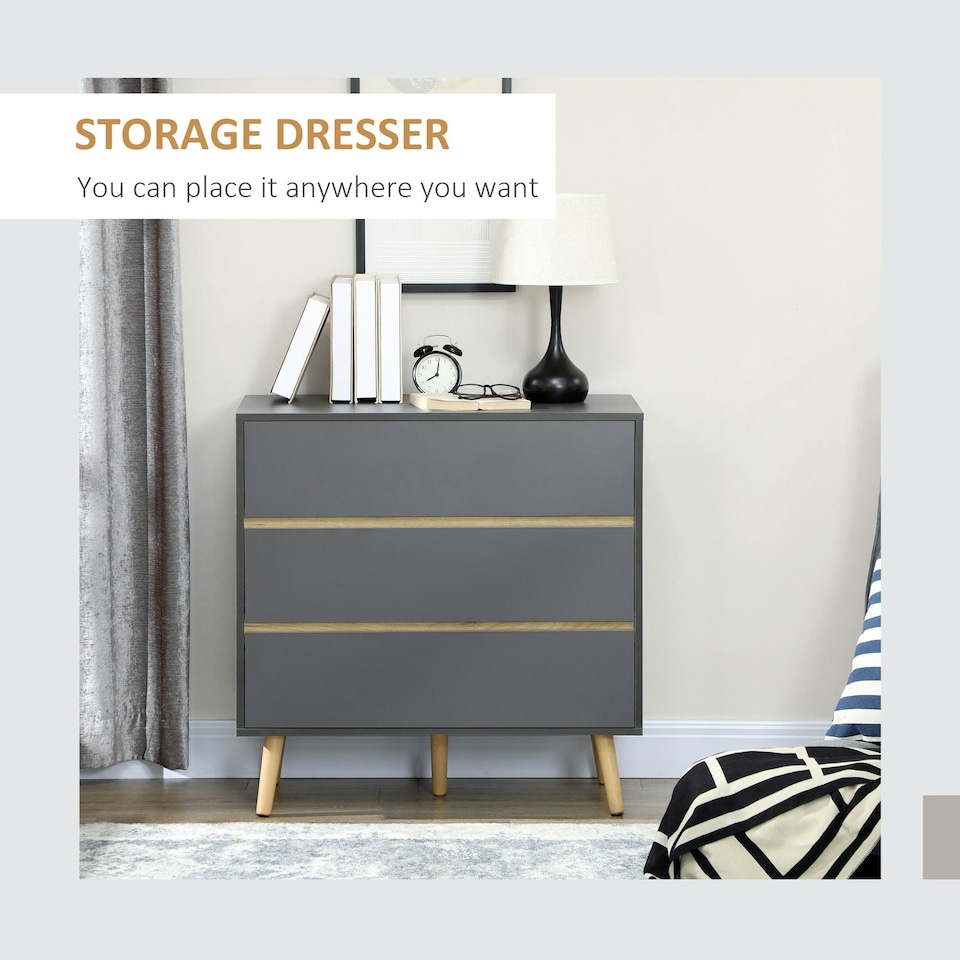 image 1 of HOMCOM Chest of Drawers, 3 Drawer Storage Cabinet Organiser Bedroom Dark Grey