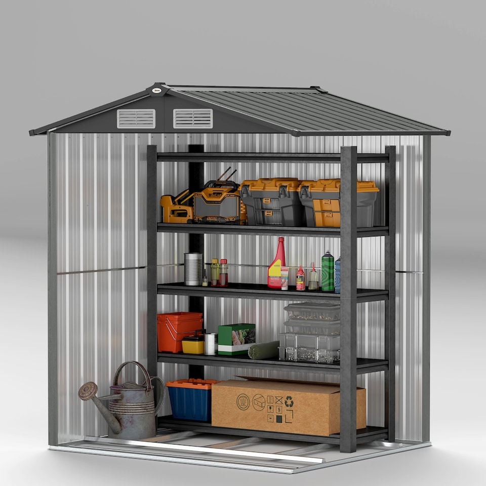 image 1 of Outsunny 5ft x 4ft Garden Shed, Metal Tool Storage Shed with Sliding Door, Sloped Roof and Foundation Kit for Garden, Patio, Grey Wood Effect | Grey | 1