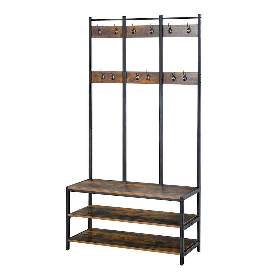 image 1 of HOMCOM Entryway Coat Rack Hall Tree Shoe Bench 3 in 1 Design Metal Storage Rack