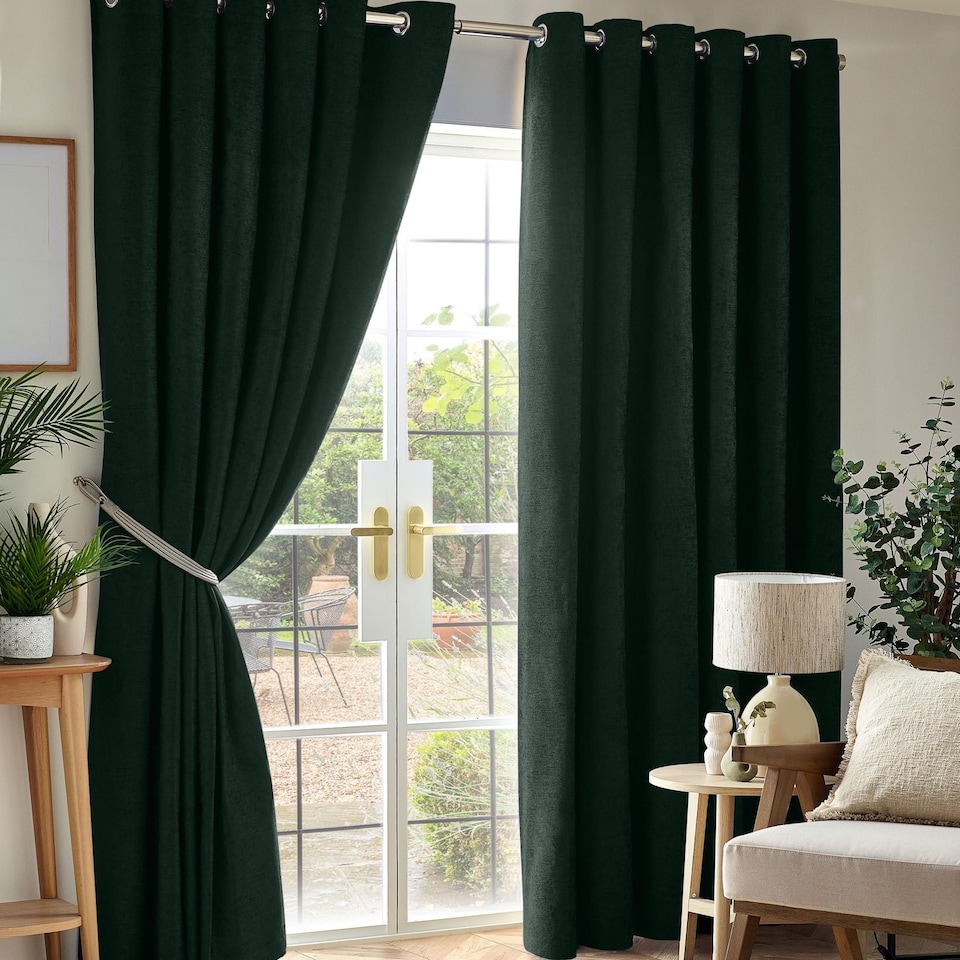 image 1 of Chenille Blackout Eyelet Curtains Thermal Triple Weave Pair 117cm x 183cm Green