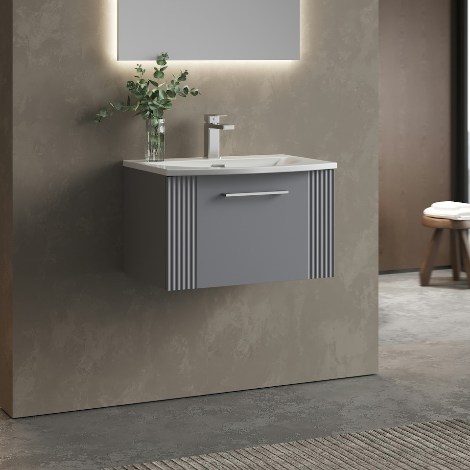 image 1 of Retro 1 Drawer Wall Hung Vanity Unit with Curved 1 Tap Hole Ceramic Basin - 600mm - Satin Grey - Balterley Grey