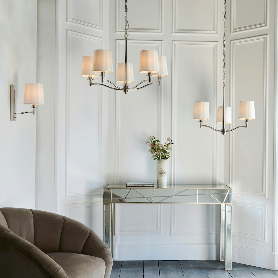 image 1 of Ortona Vintage Pendant 5 Light Bright Nickel White Fabric Shades