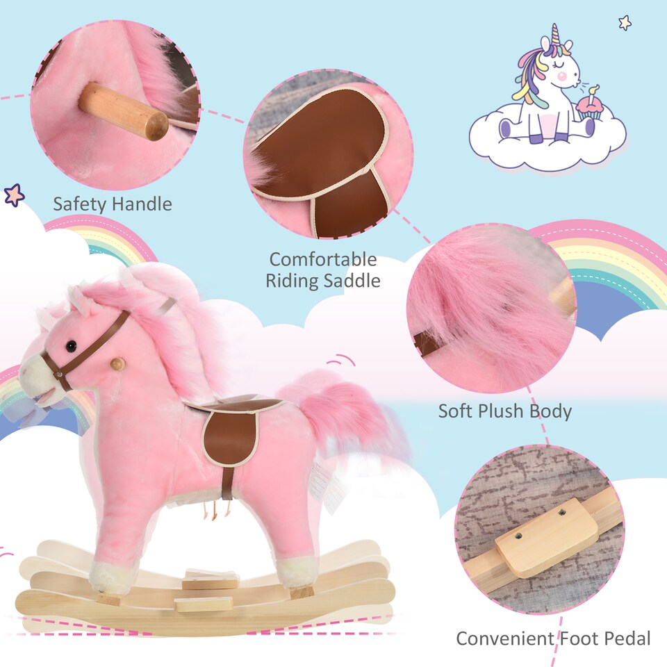 image 1 of HOMCOM Kids Plush Rocking Horse with Sound Moving Mouth Wagging Tail Children Rocker Ride On Toy Gift 3-6 Years Pink