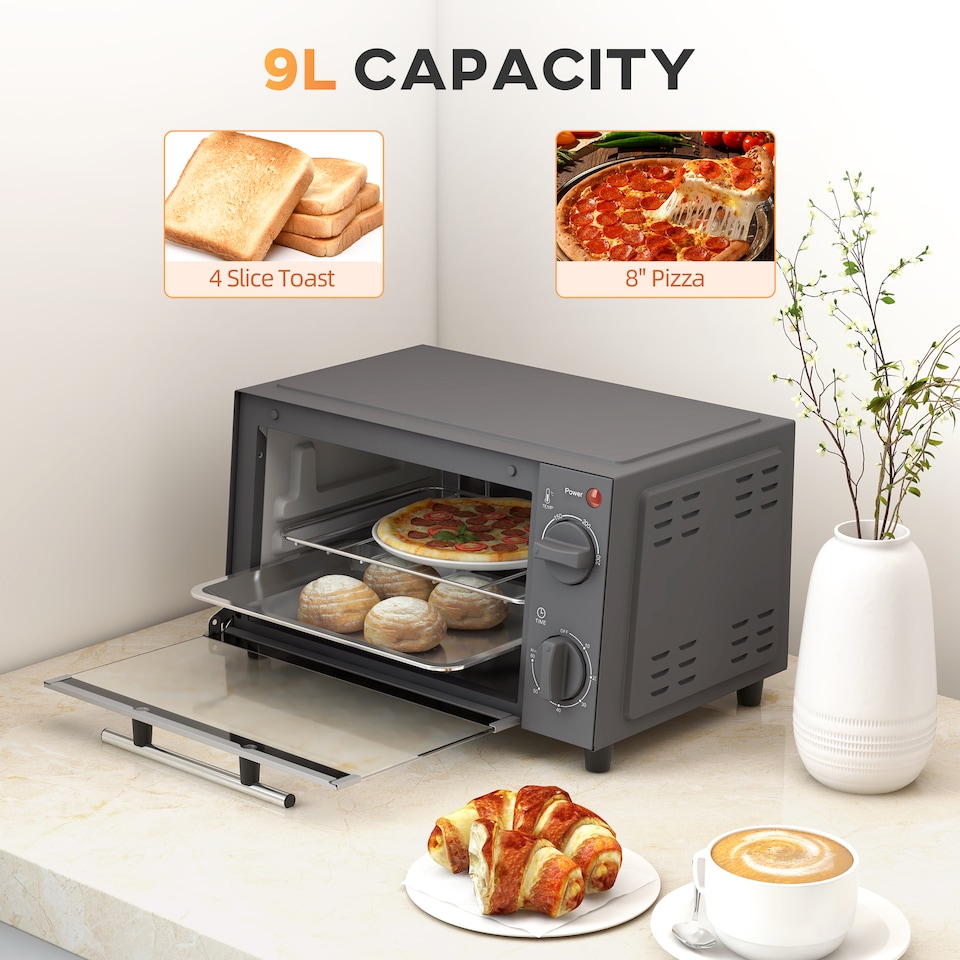 image 1 of HOMCOM Mini Oven 9L Countertop Toaster Oven with Timer Control 750W Grey