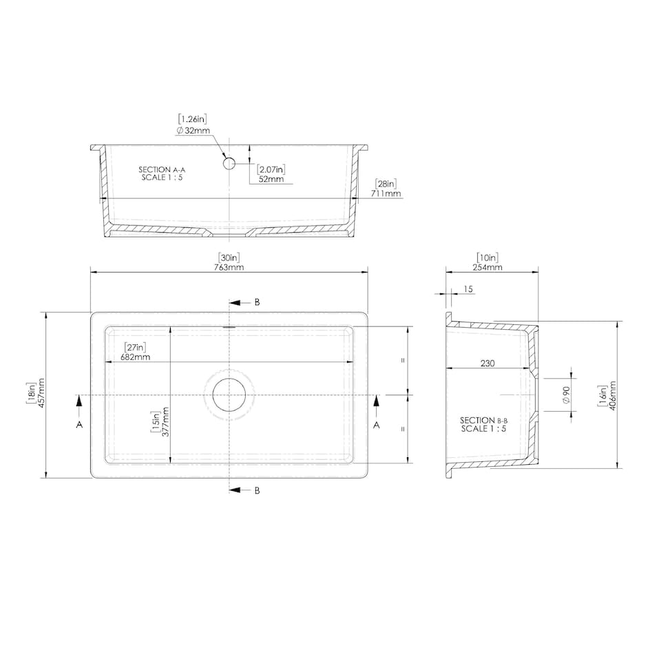 image 1 of Fireclay Single Bowl Square Undermount Kitchen Sink, With Overflow,763x457x254mm