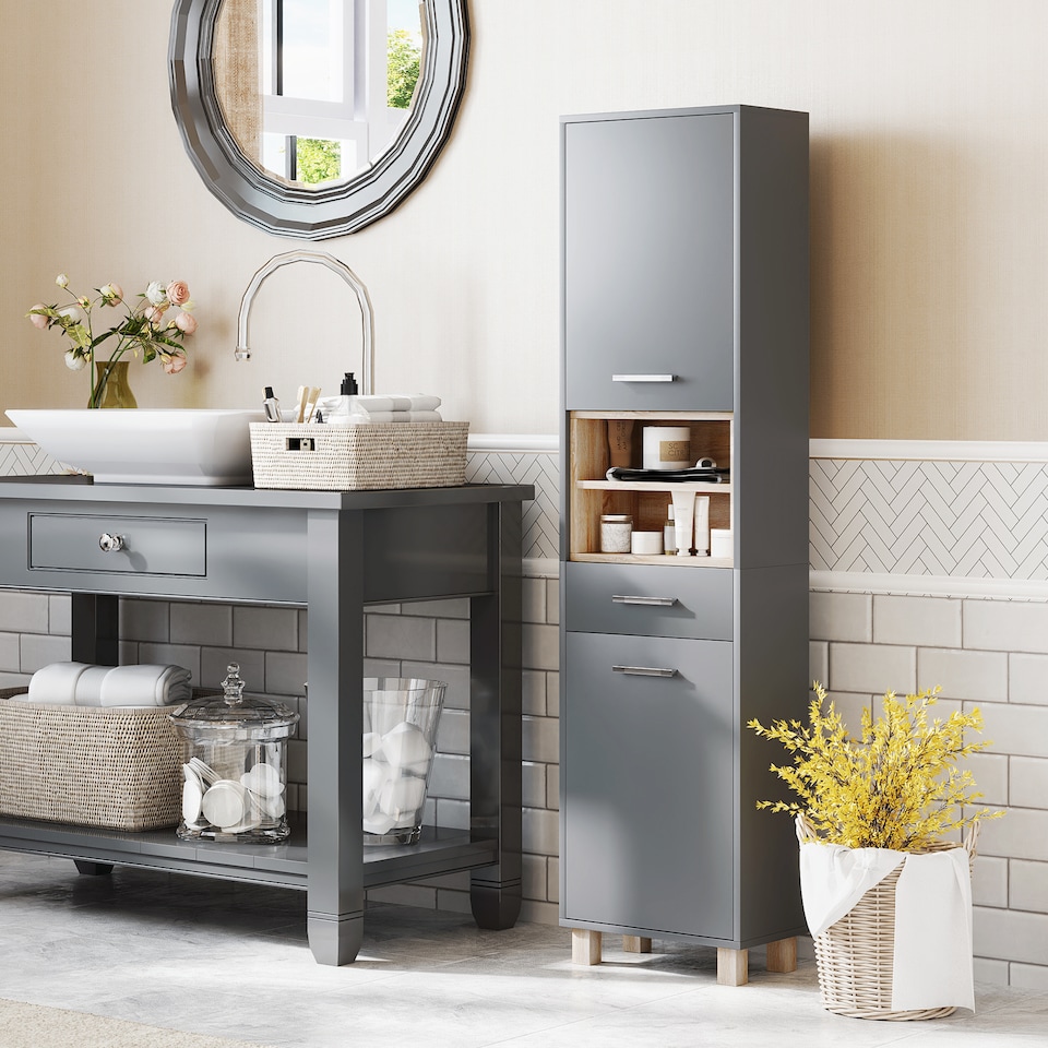 image 1 of HOMCOM Tall Bathroom Storage Cabinet, Bathroom Storage Unit, Freestanding Bathroom Cabinet with Open Shelves and Drawer | Grey | Grey
