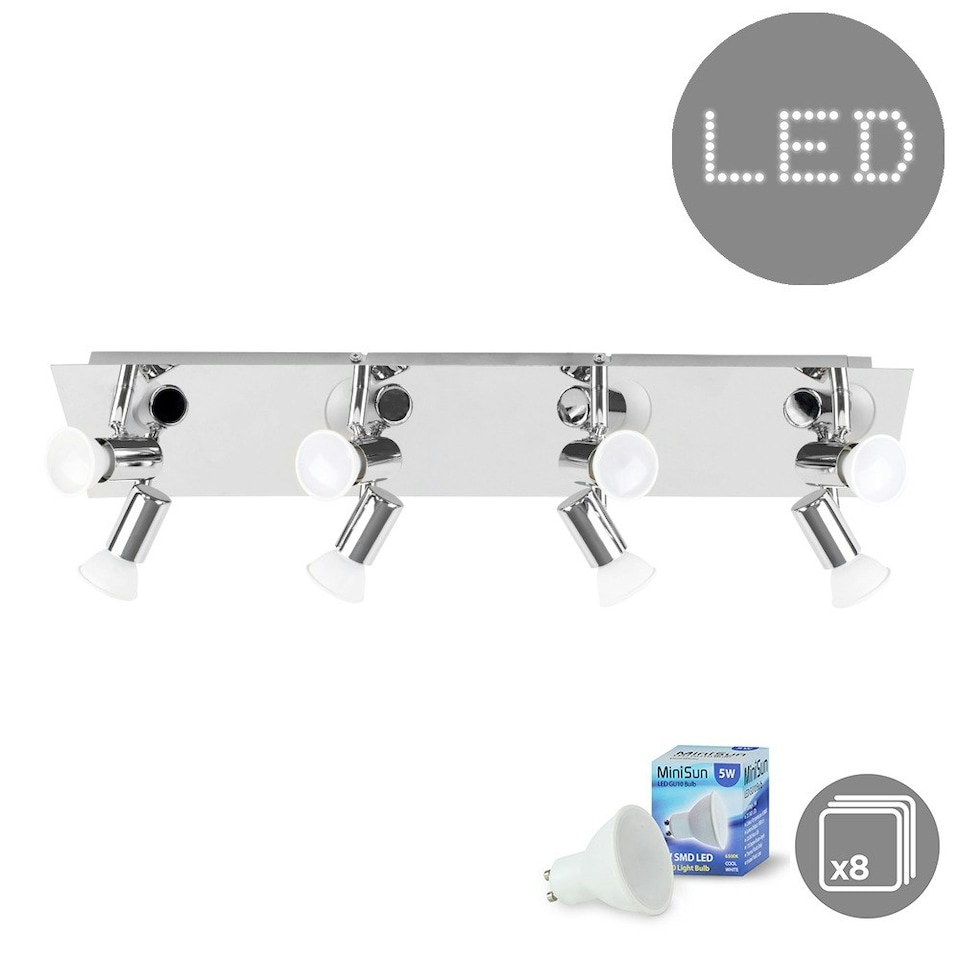 image 1 of ValueLights Large Rectangular Polished Chrome Plate 8 Way Adjustable Ceiling Spotlight - with 8 x 5W Cool White GU10 LED Bulbs Chrome