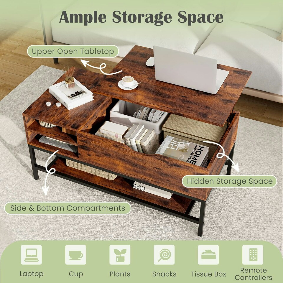 image 1 of COSTWAY Lift Top Coffee Table w/ Storage Shelf Coffee Brown